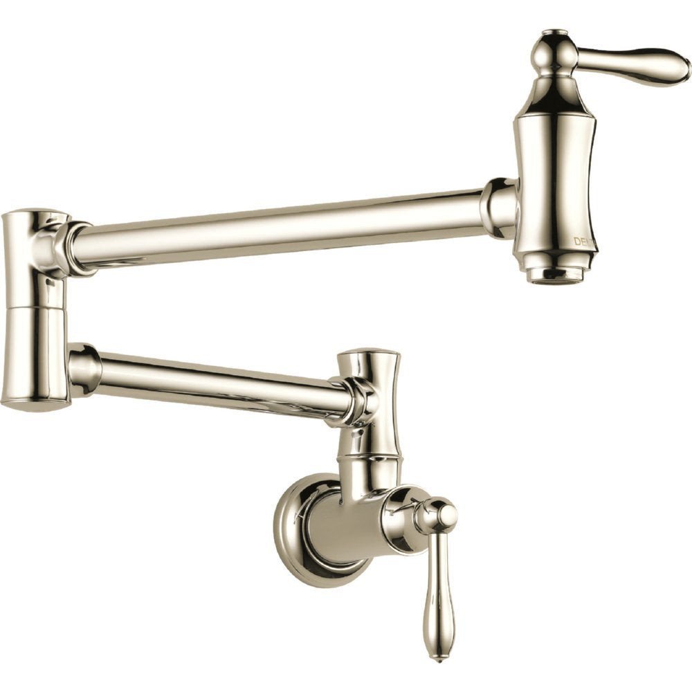 Polished nickel wall-mounted pot filler with dual articulating arms and lever handles.