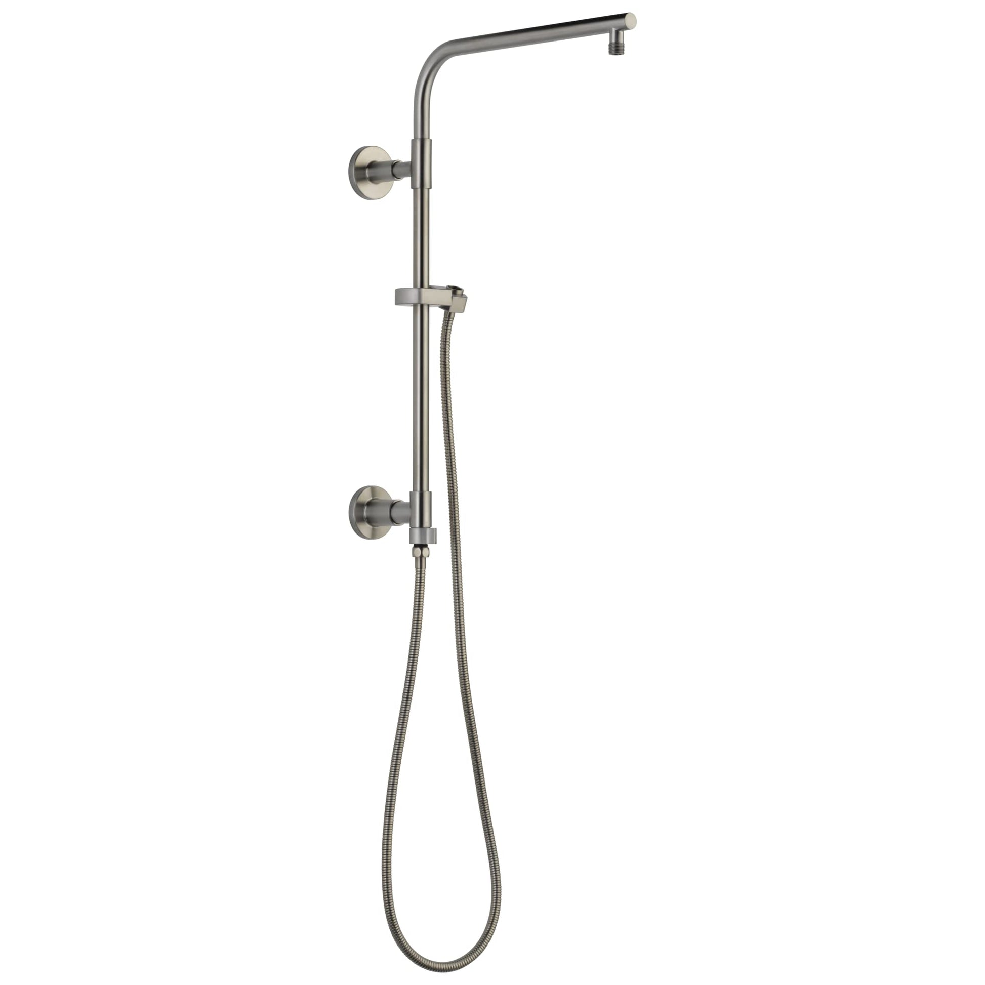 Brushed nickel shower column with wall-mounted showerhead, adjustable slide bar, and hand spray with hose.