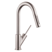 Steel optic prep kitchen faucet with curved pull-down spout and single lever handle.