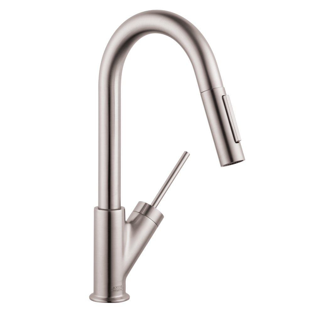 Steel optic prep kitchen faucet with curved pull-down spout and single lever handle.