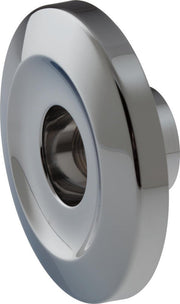 Chrome-finished round escutcheon with curved edges and central opening for pipe passage.
