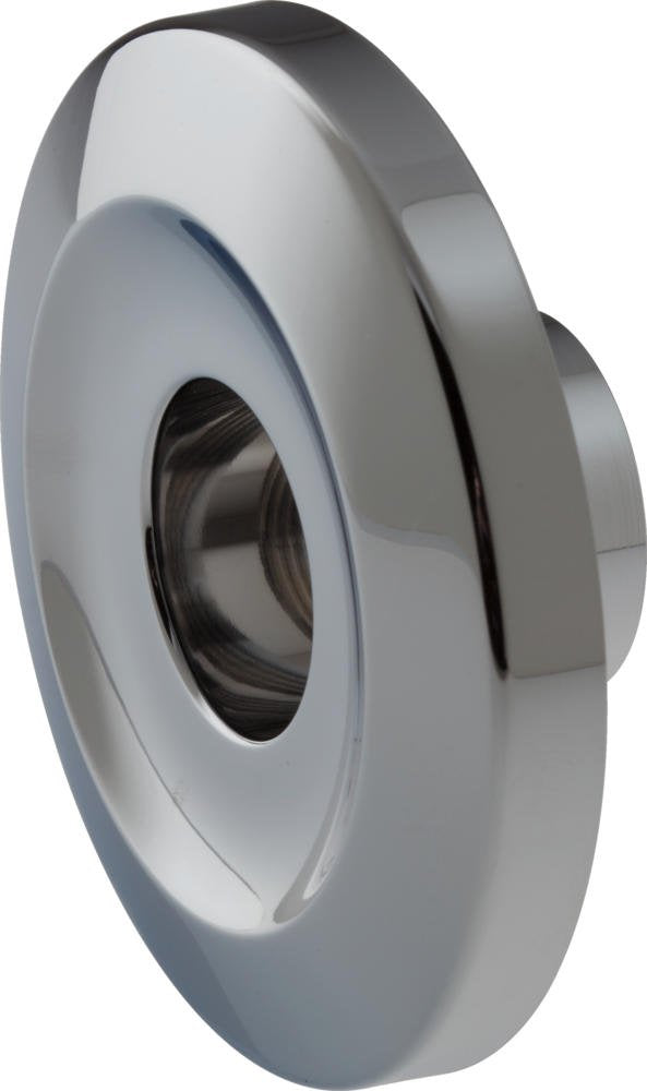 Chrome-finished round escutcheon with curved edges and central opening for pipe passage.