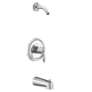 Chrome tub and shower trim kit with single handle valve, curved showerhead, and tub spout.