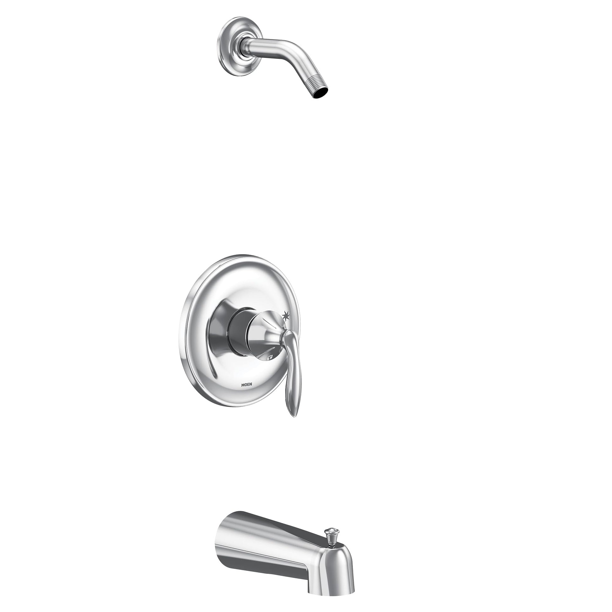 Chrome tub and shower trim kit with single handle valve, curved showerhead, and tub spout.