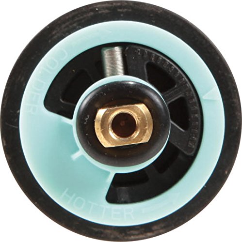 Peerless valve cartridge with light blue and black plastic body and brass center port, viewed from front.