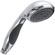 Chrome hand shower with black grip, circular perforated face and adjustment trigger on handle.