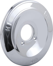 Chrome-finished round escutcheon plate with central oval opening and two screw holes.