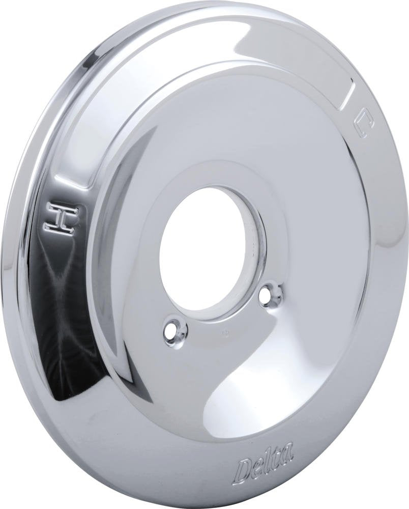Chrome-finished round escutcheon plate with central oval opening and two screw holes.