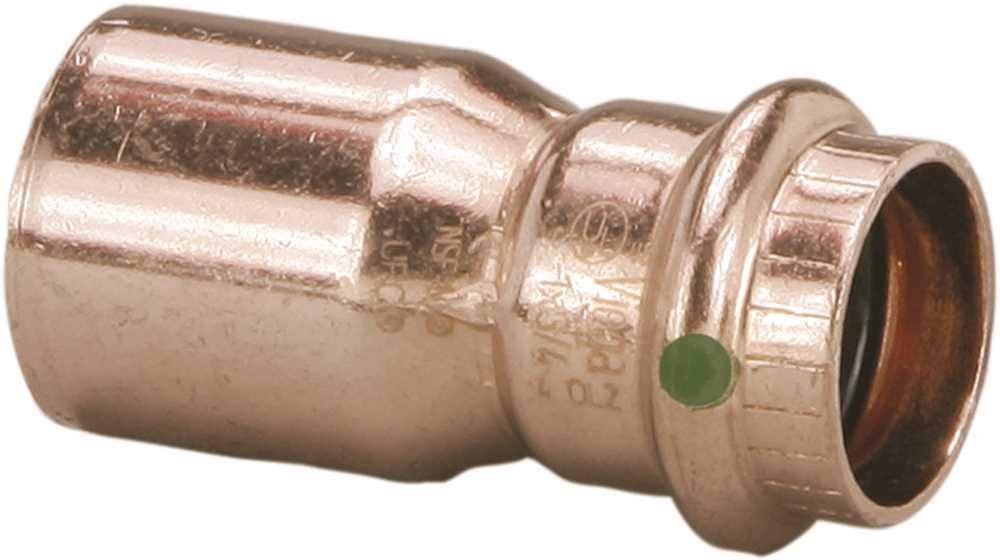 Copper press reducer fitting with larger diameter on left side and smaller diameter on right side, green indicator dot visibl
