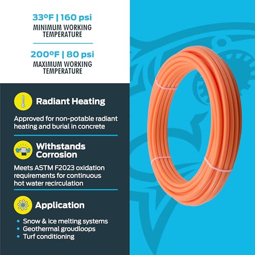 Orange coiled PEX pipe with specifications showing 33°F to 200°F operating range and radiant heating applications.