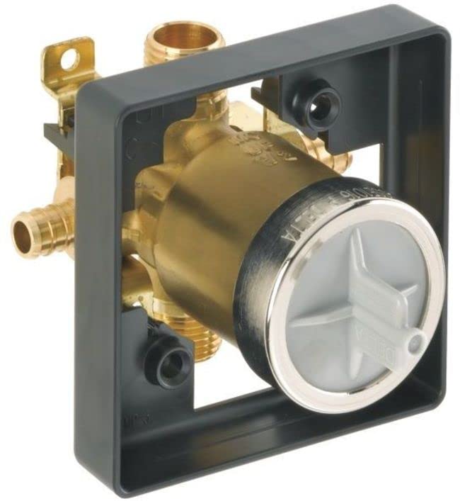 Brass pressure balance valve with PEX crimp connections mounted in gray housing with white trim ring.