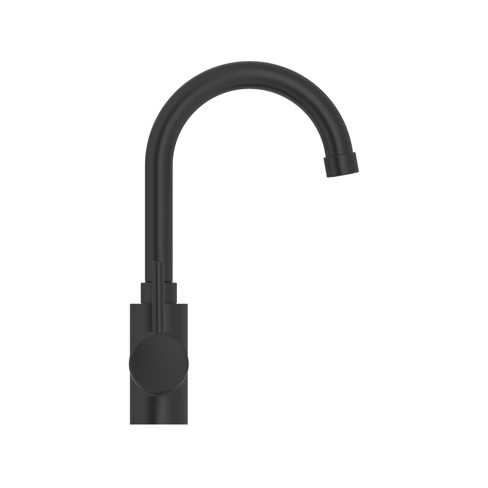 Grohe Cosmo brushed dark gray shower head with curved arm and round spray outlet against white background.