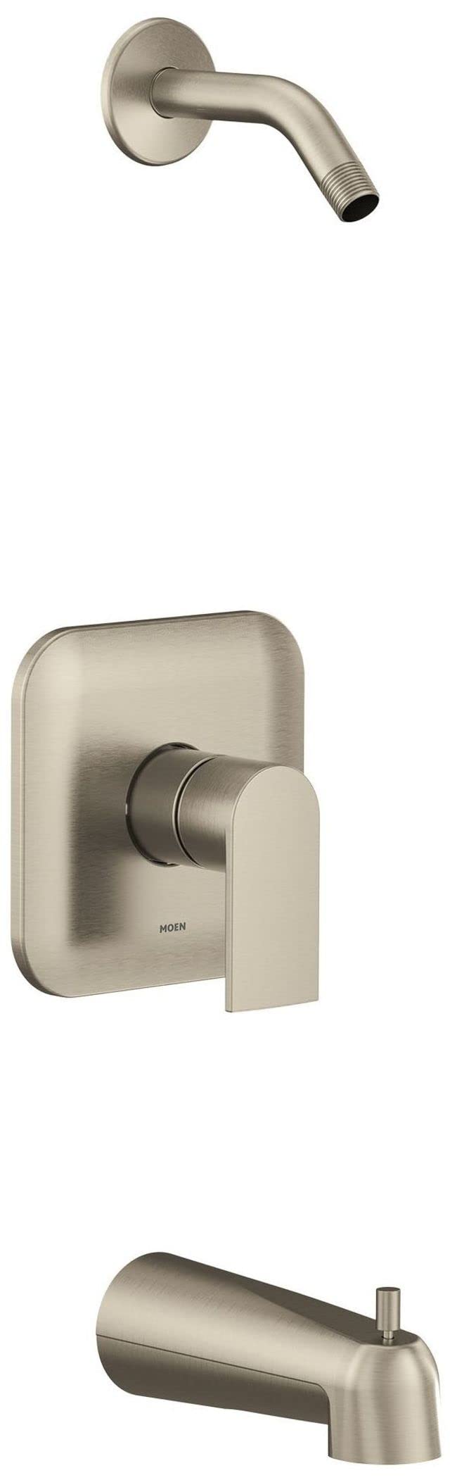 Brushed nickel tub and shower trim kit with curved shower arm, rectangular wall plate, and single lever handle.