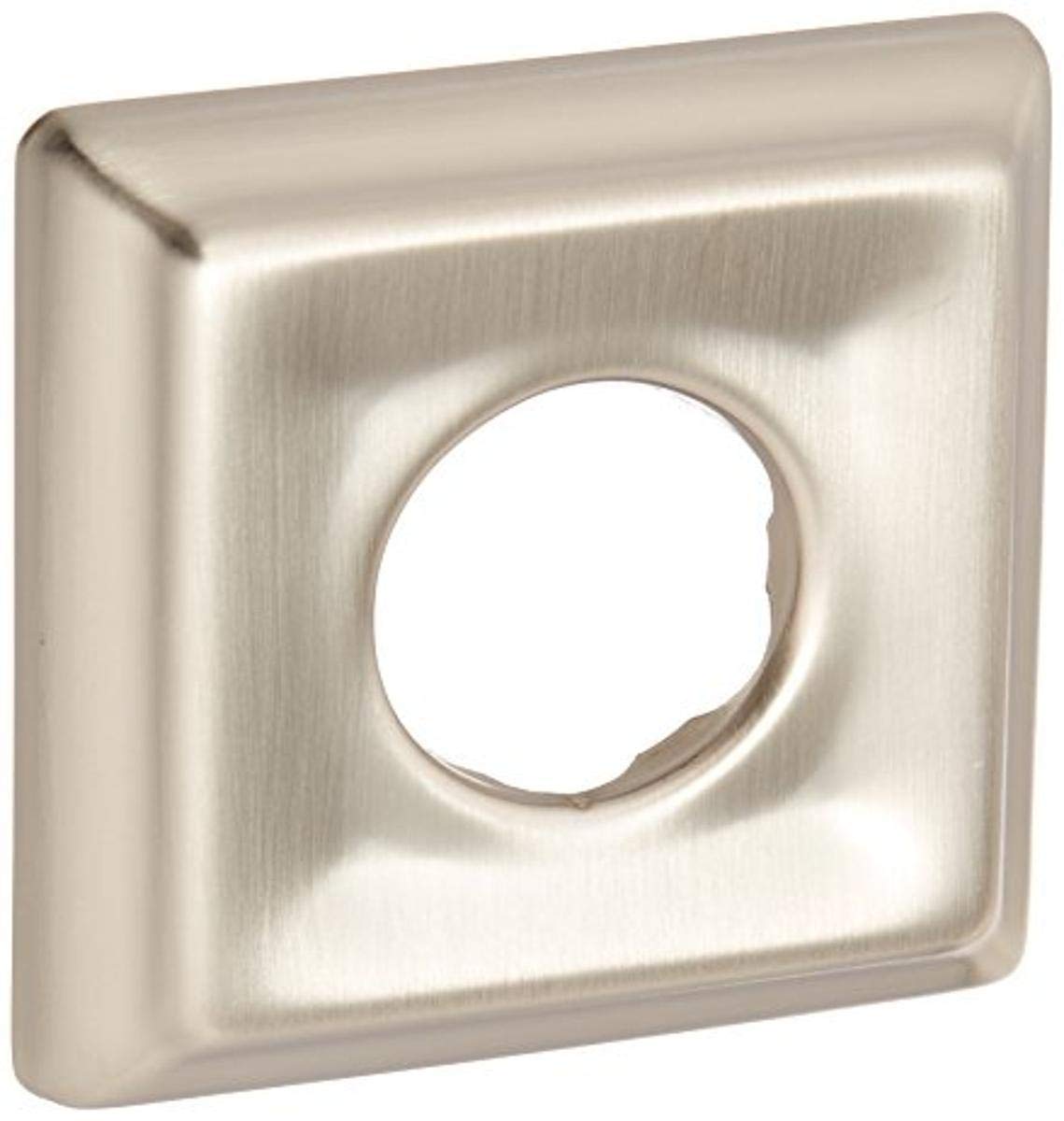 Stainless steel square shower flange with rounded corners and central circular opening.