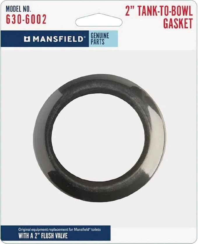 Black rubber gasket ring on Mansfield packaging card labeled model 630-6002 for 2" tank-to-bowl connection.