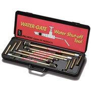 Water-Gate water shut-off tool kit in black carrying case with multiple brass and metal tools arranged inside.