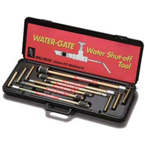 Water-Gate water shut-off tool kit in black carrying case with multiple brass and metal tools arranged inside.