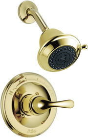 Polished brass shower trim with single lever handle, round trim plate, and adjustable showerhead with multiple spray jets.