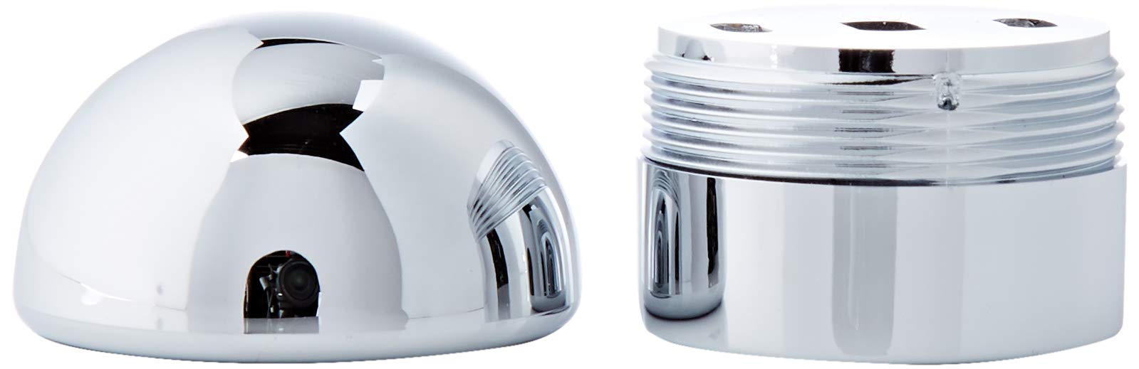 Chrome diverter knob with dome-shaped top and ribbed base collar, shown from front and side angles.