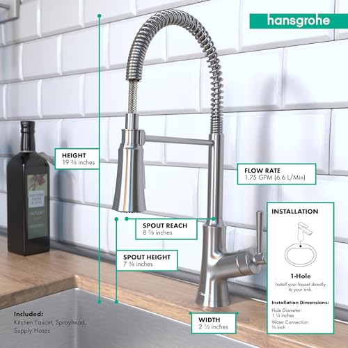 Steel semi-pro kitchen faucet with high-arc spout, coiled hose sprayer, and single-hole mount configuration.