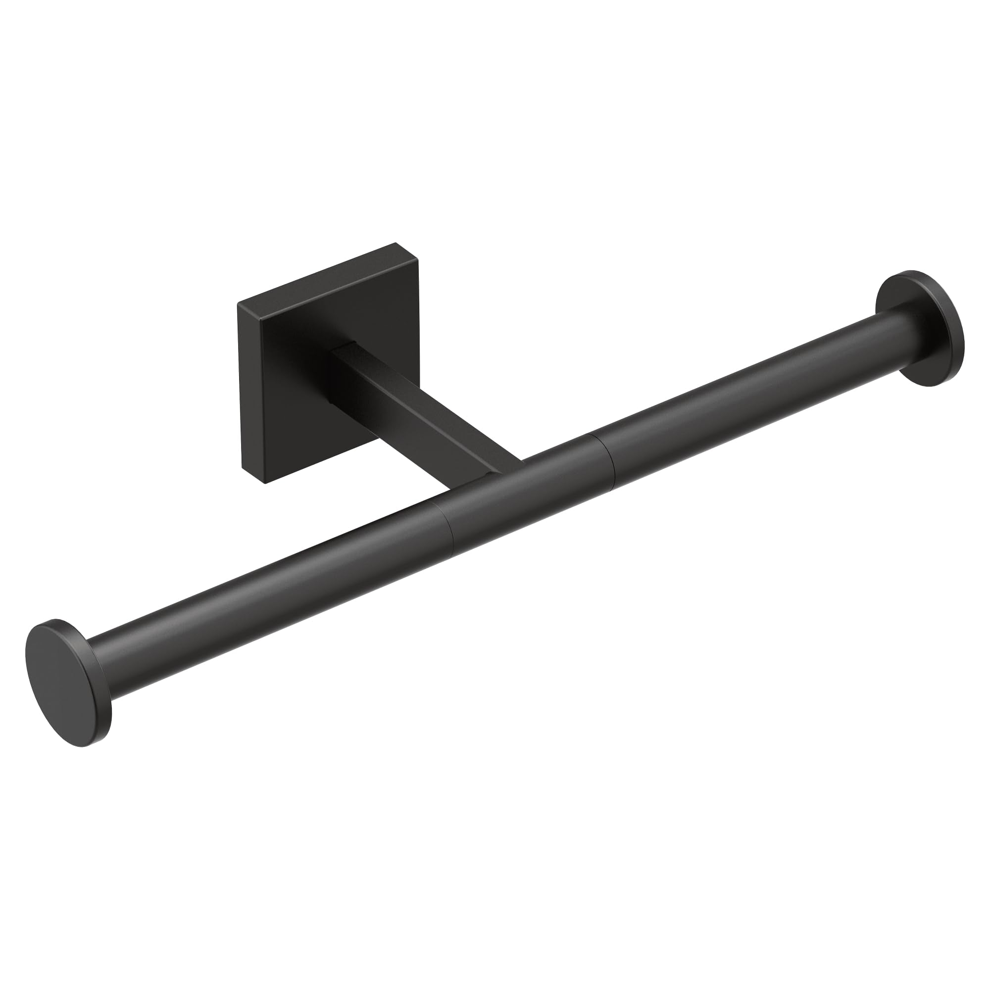 Matte black double post toilet paper holder with square mounting plate and two cylindrical posts.