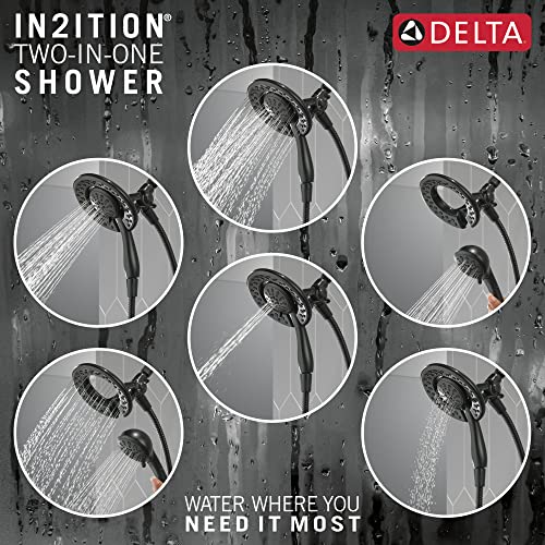 Chrome dual showerhead with adjustable spray patterns and control lever on wet background.