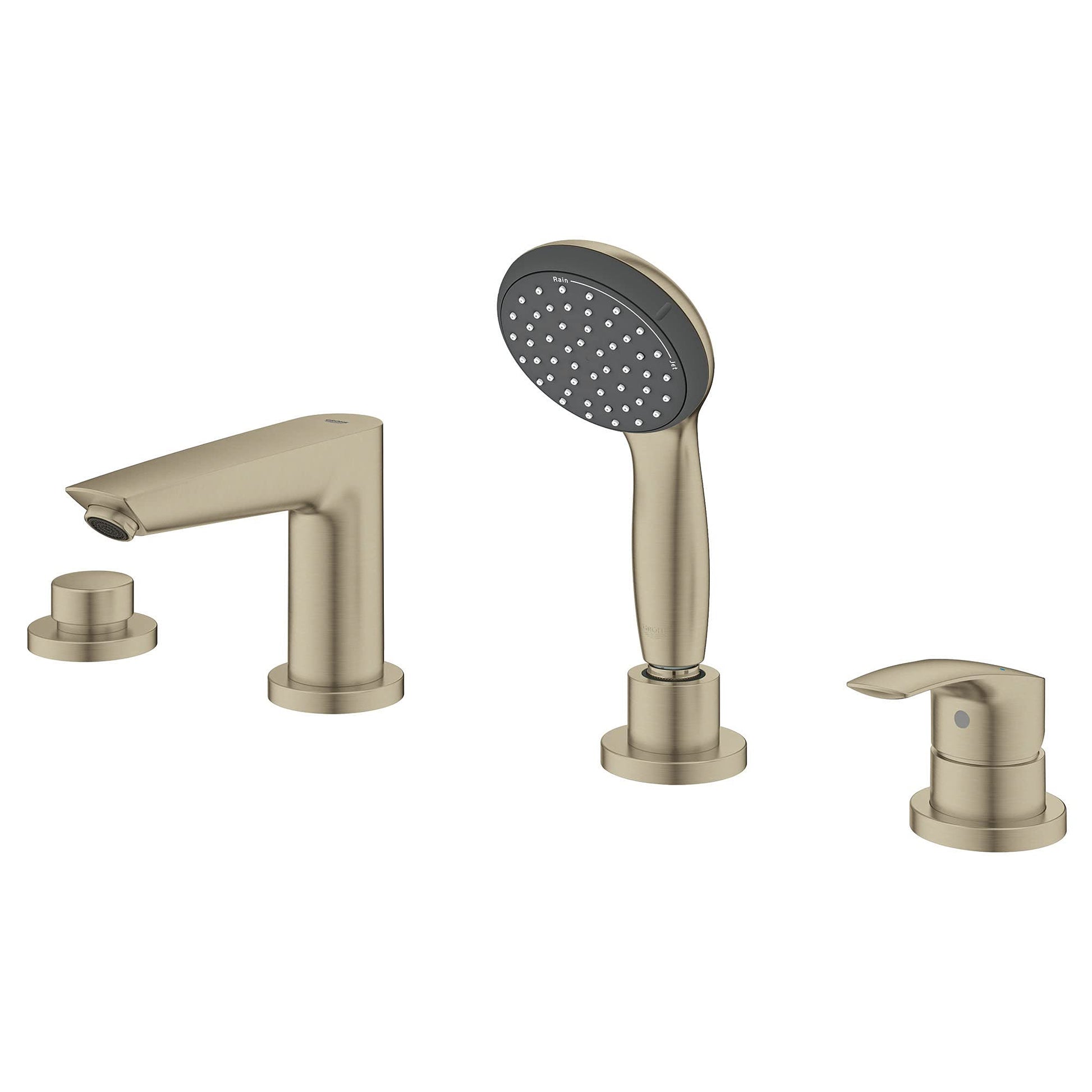 Brushed nickel four-piece roman tub faucet with single handle spout, handheld showerhead with perforated face, and two deck-m