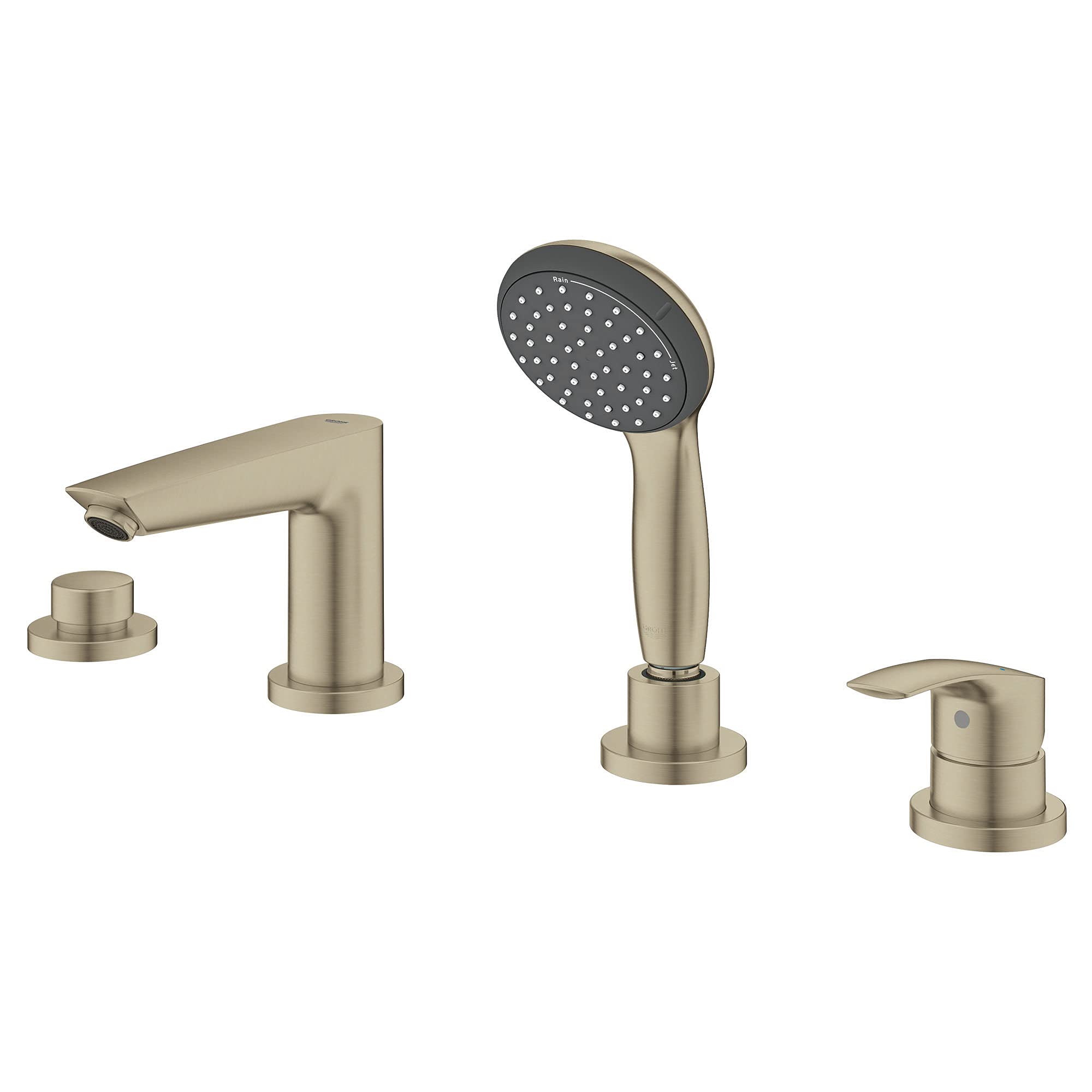 Brushed nickel four-piece roman tub faucet with single handle spout, handheld showerhead with perforated face, and two deck-m