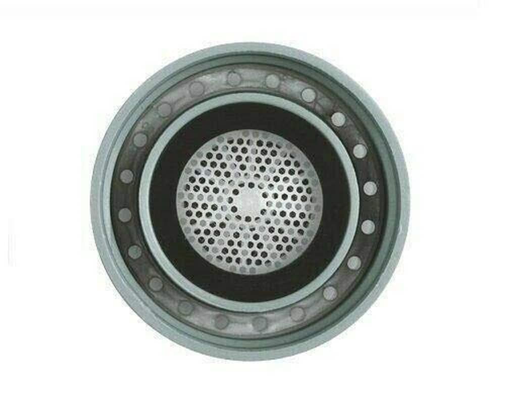 Chrome flow straightener with perforated disc center and circular housing with evenly spaced holes.