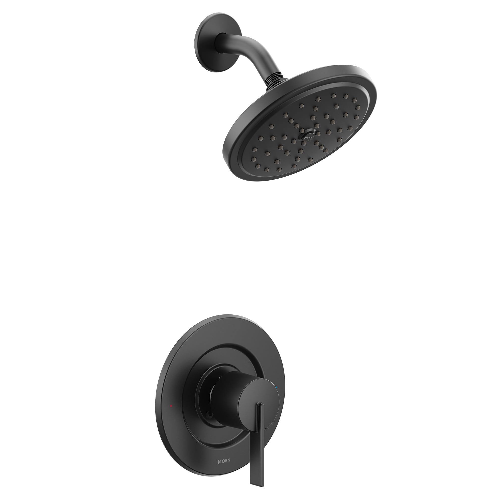Matte black single-handle shower faucet trim kit with round rain showerhead and wall-mounted valve control.