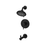 Matte black tub and shower combo valve with round showerhead, control handle, and tub spout.