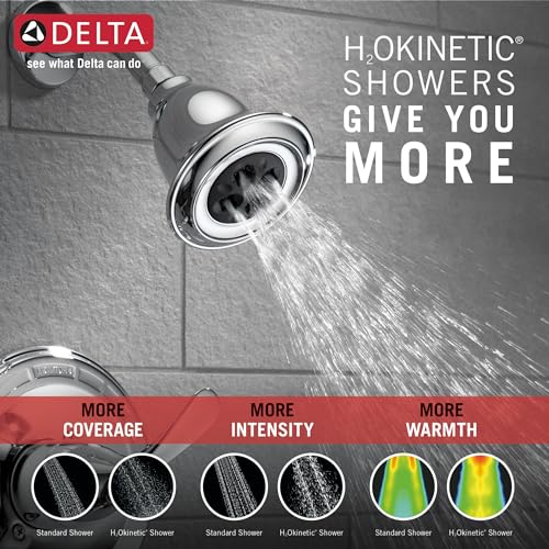 Chrome single-handle shower trim with round showerhead and H2Okinetic spray technology mounted on gray tile wall.