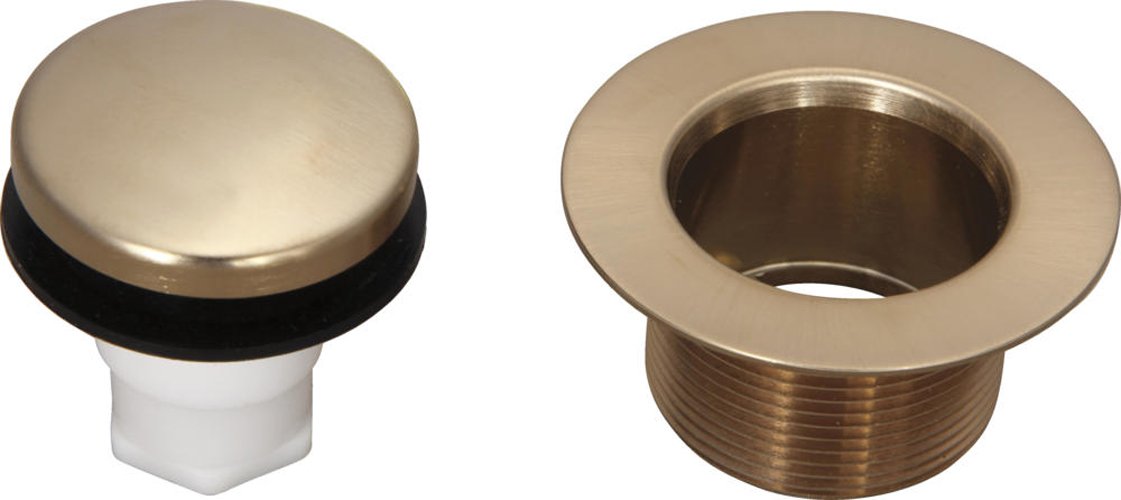 Champagne bronze tub drain with dome cap and threaded overflow opening, shown from top and side angles.