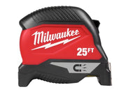 Red and black Milwaukee 25ft tape measure with magnetic strip and rubberized grip housing.