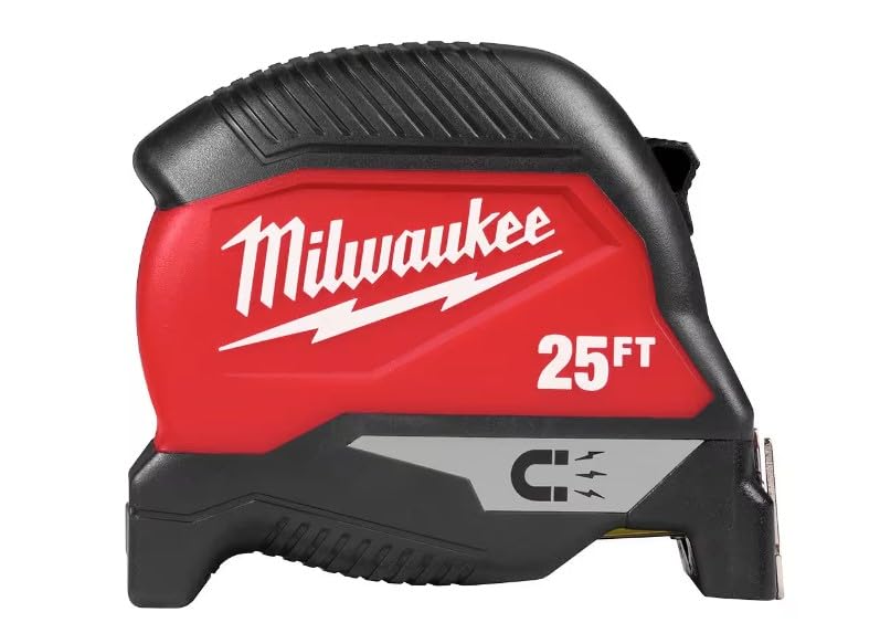 Red and black Milwaukee 25ft tape measure with magnetic strip and rubberized grip housing.
