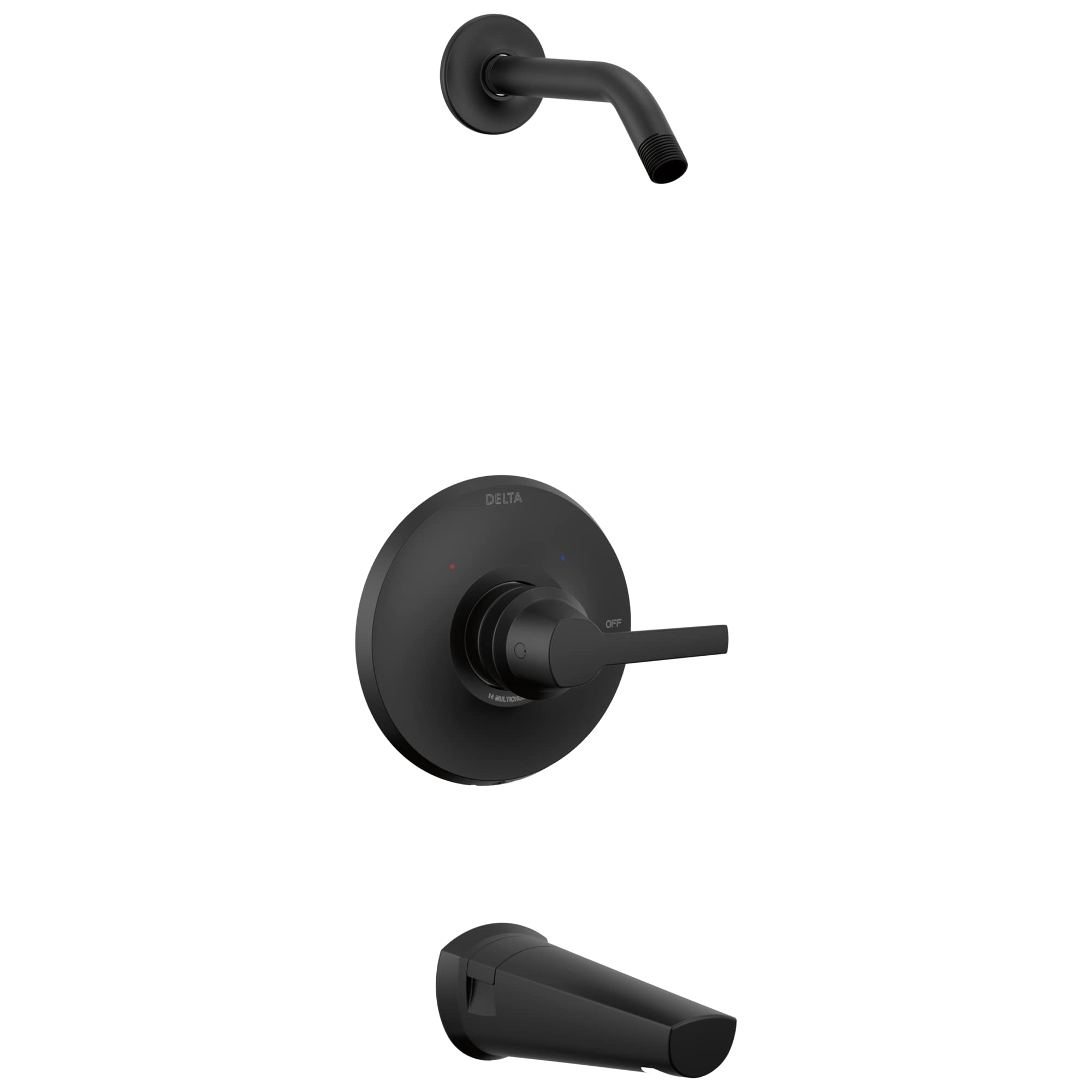 Black Delta Galeon 14 Series tub and shower trim with wall-mounted spout, control valve, and tub spout.