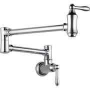 Polished chrome wall-mounted pot filler with dual articulating arms and lever handles.