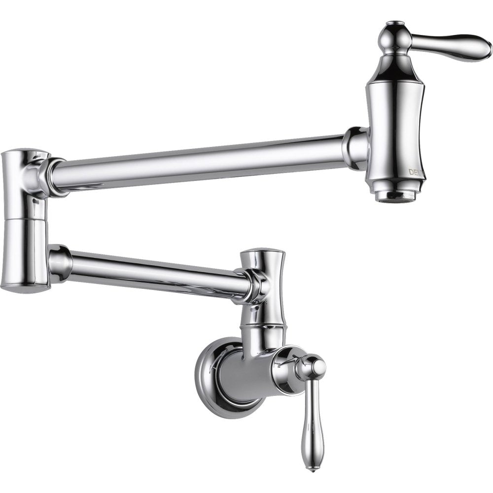 Polished chrome wall-mounted pot filler with dual articulating arms and lever handles.