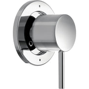 Chrome diverter trim kit with cylindrical handle and round escutcheon plate for shower or tub control.