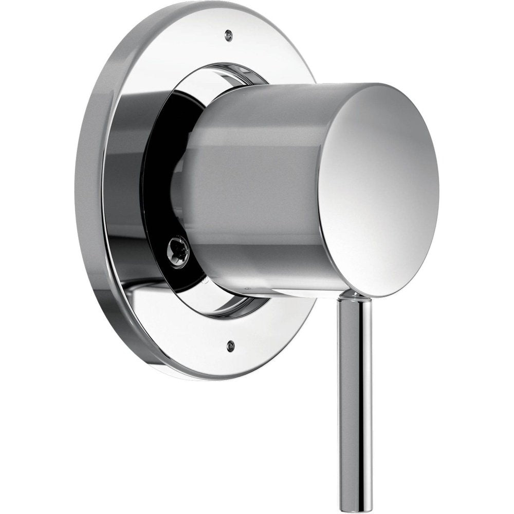 Chrome diverter trim kit with cylindrical handle and round escutcheon plate for shower or tub control.