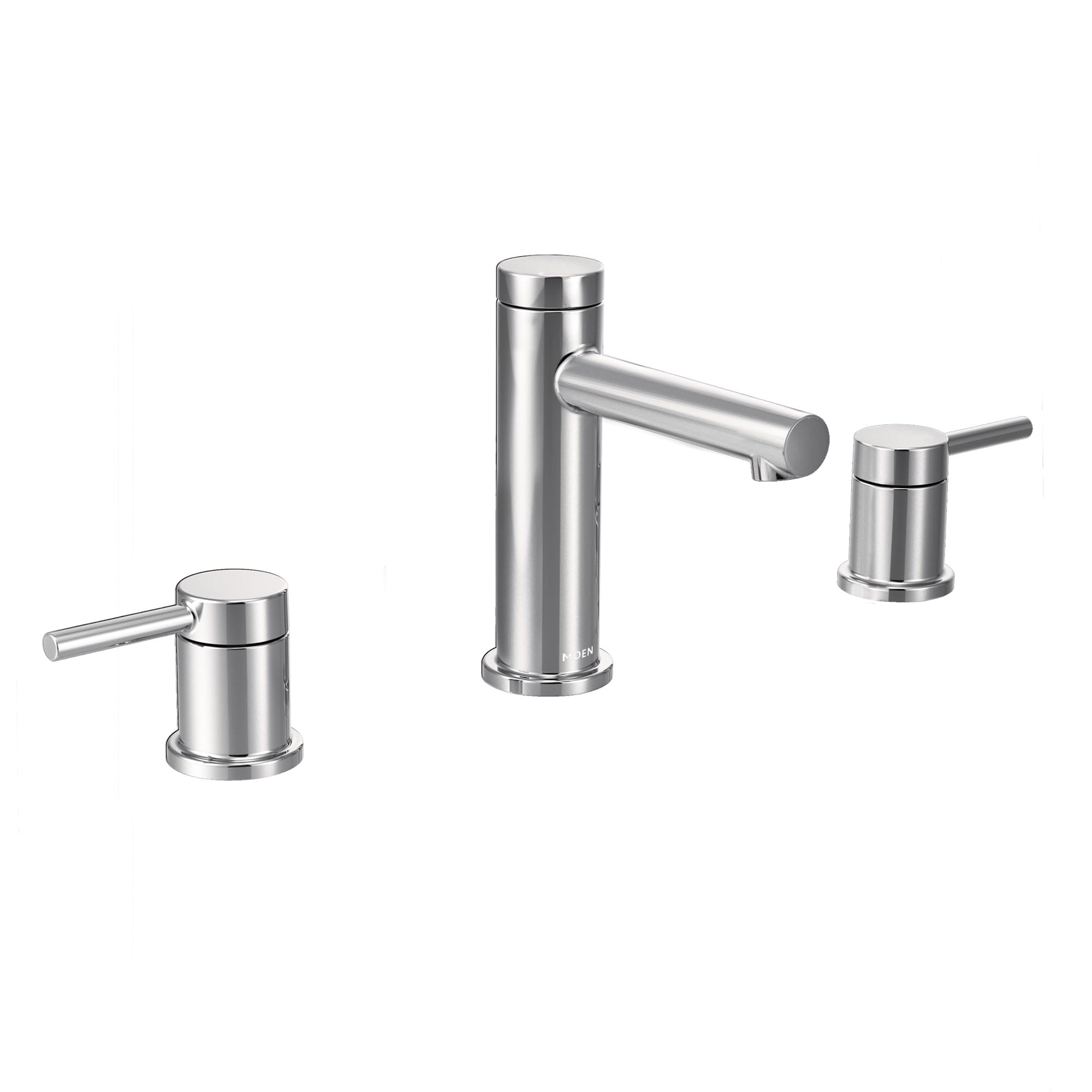 Chrome two-handle widespread bathroom faucet trim kit with cylindrical spout and lever handles.