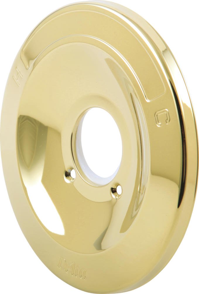 Polished brass circular escutcheon plate with central opening and two mounting holes.