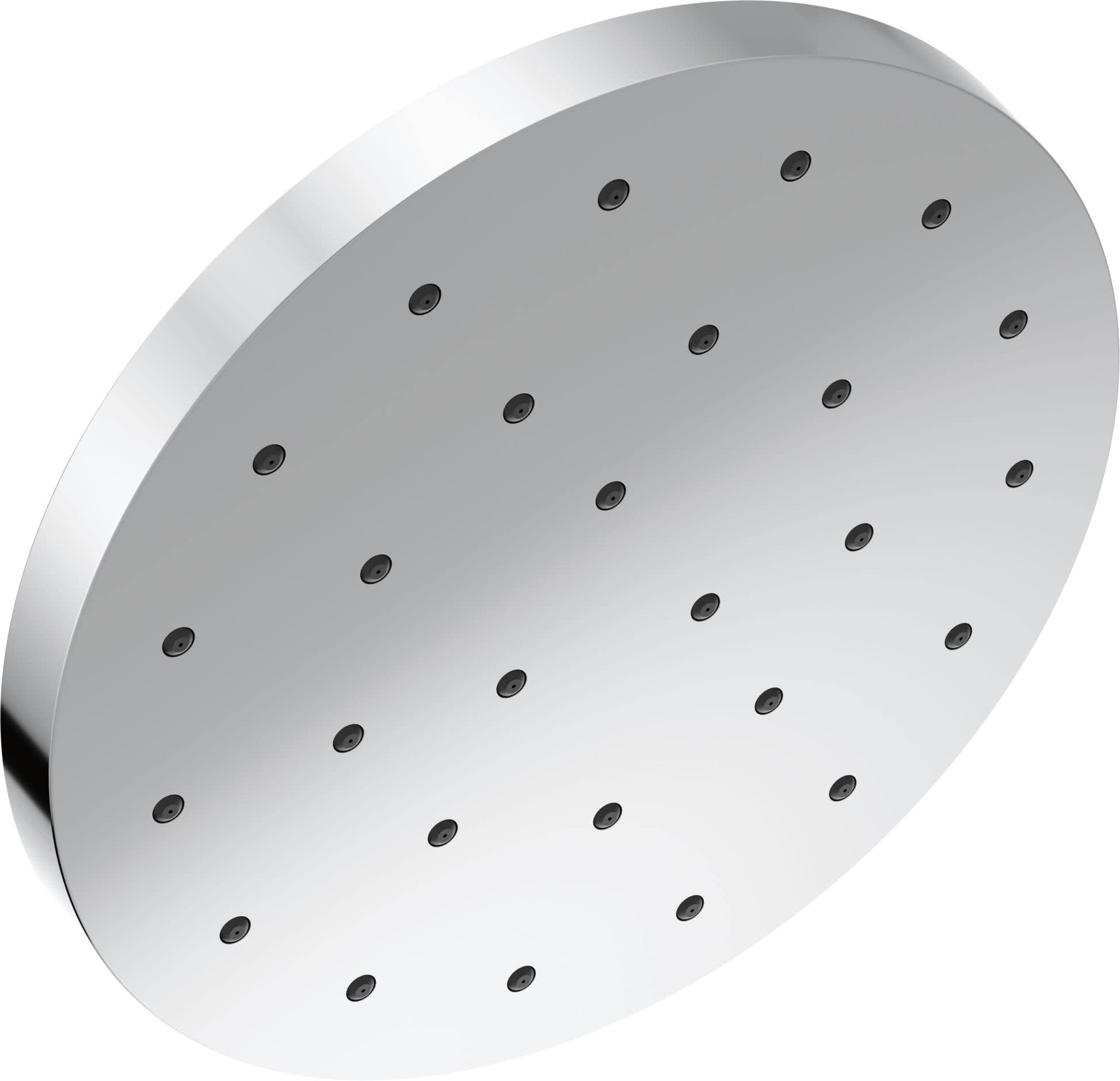 Chrome round shower head with multiple spray jets evenly distributed across face.