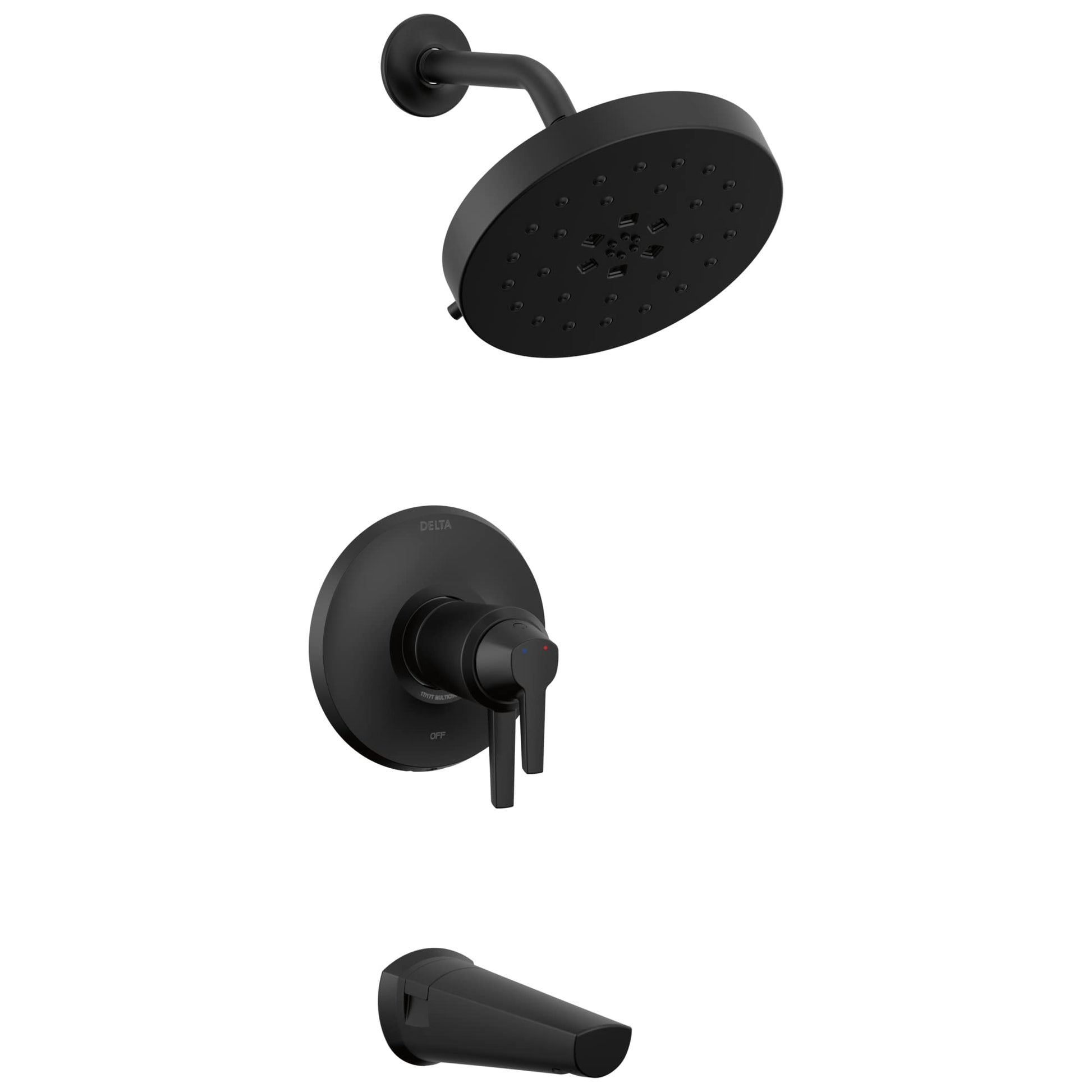 Black tub shower trim with overhead showerhead, wall-mounted valve control, and tub spout.