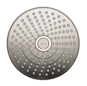 Brushed nickel circular shower head with multiple spray jets and center select button.