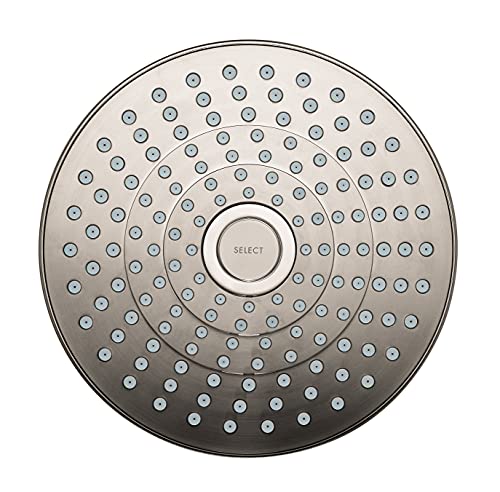 Brushed nickel circular shower head with multiple spray jets and center select button.