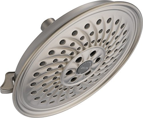 Chrome raincan shower head with multiple spray holes and adjustable arm attachment.