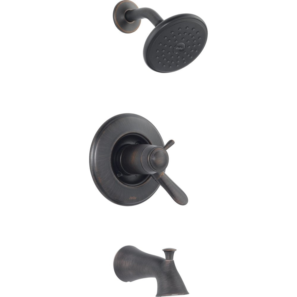 Bronze Delta shower trim with round showerhead, valve trim with lever handle, and matching tub spout.