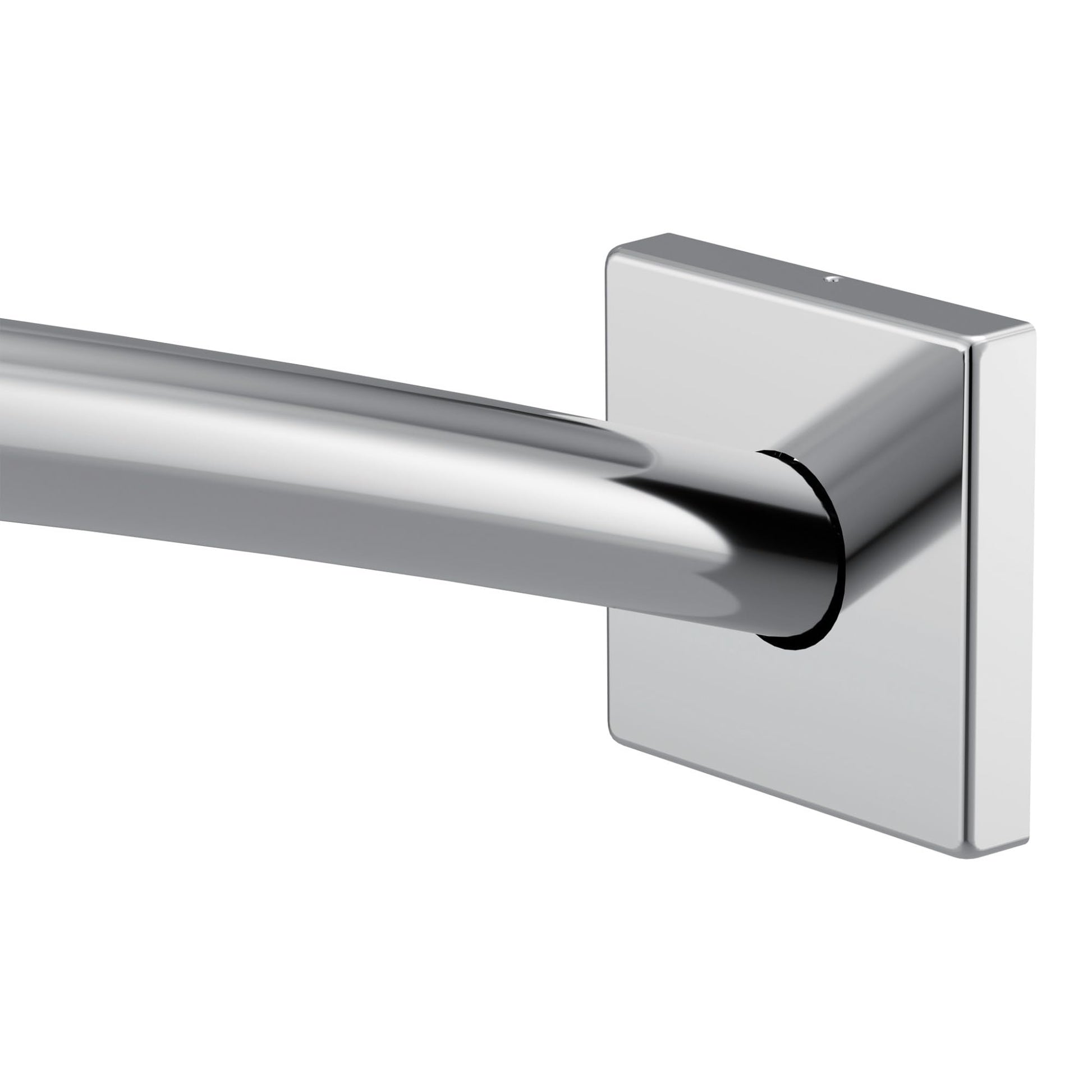 Chrome curved shower curtain rod with square mounting bracket and adjustable length.