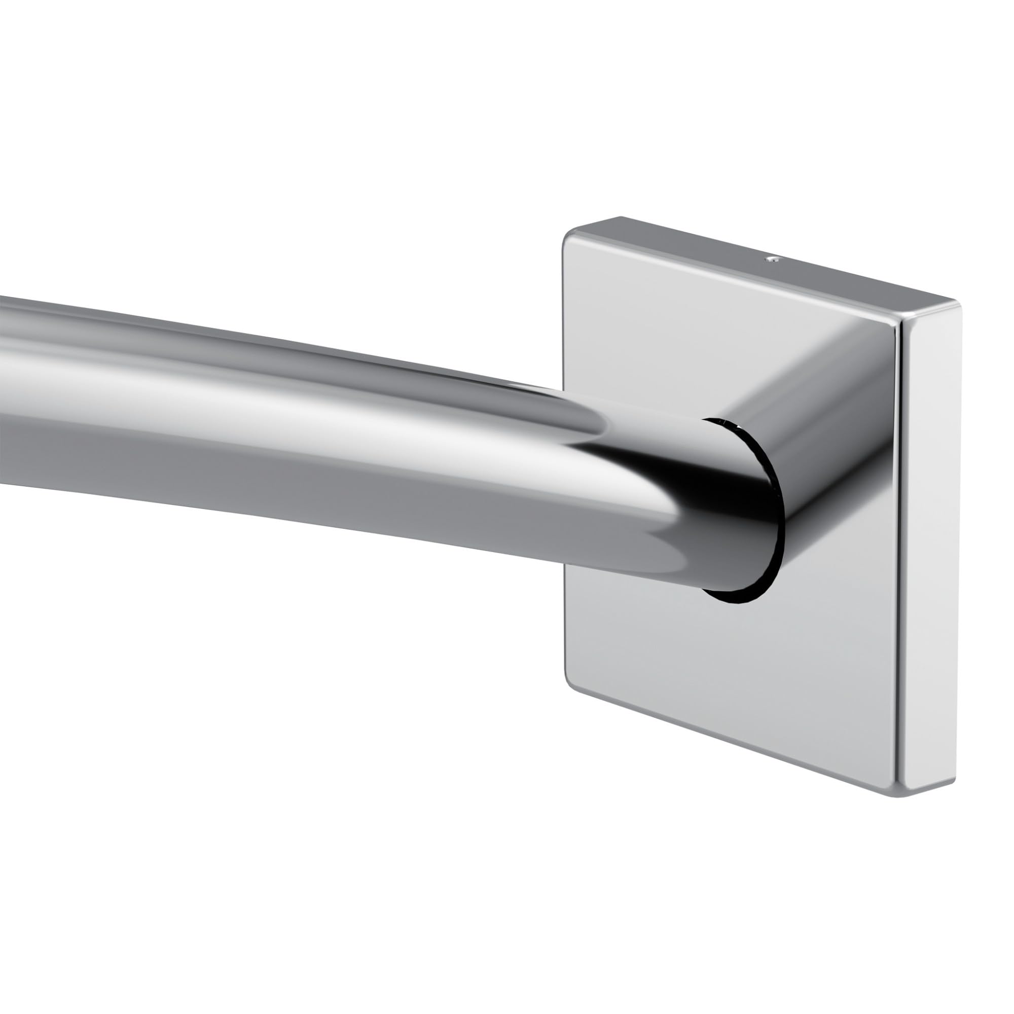 Chrome curved shower curtain rod with square mounting bracket and adjustable length.